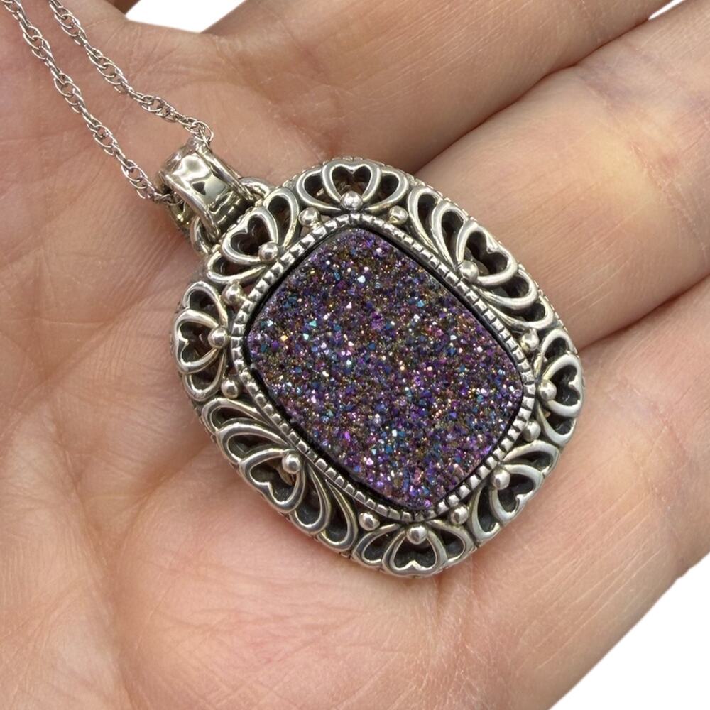 Purple Druzy Pendant Necklace Solid 925 Sterling Silver 18in Chain